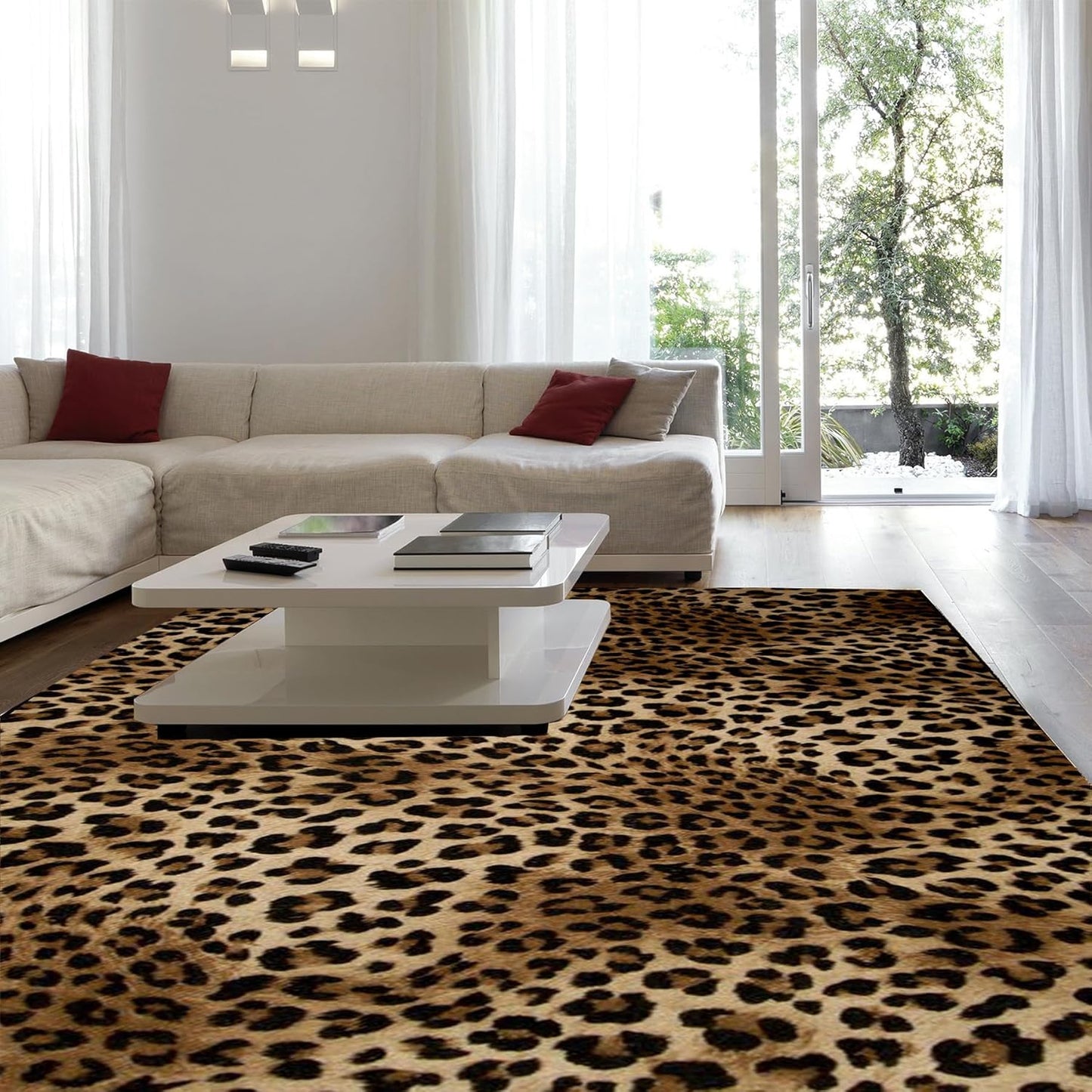 Leopard Rug 8x10 Large Living Room Area Rug Washable Non-Slip Leopard Print Bedroom Rug Modern Themed Indoor Carpet for Dining Room Foyer Apartment Den（8x10ft,Brown）