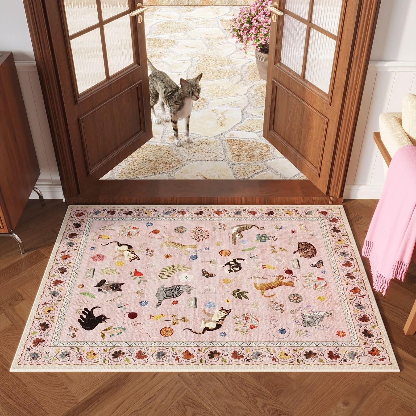 Rugcomf Living Room Rug 5x7 Rug Machine Washable Boho Area Rug Non Slip Floral Animal Cat Vintage Low Pile Large Rugs for Living Room Bedroom Farmhouse Dining Room Kids Playroom, Beige