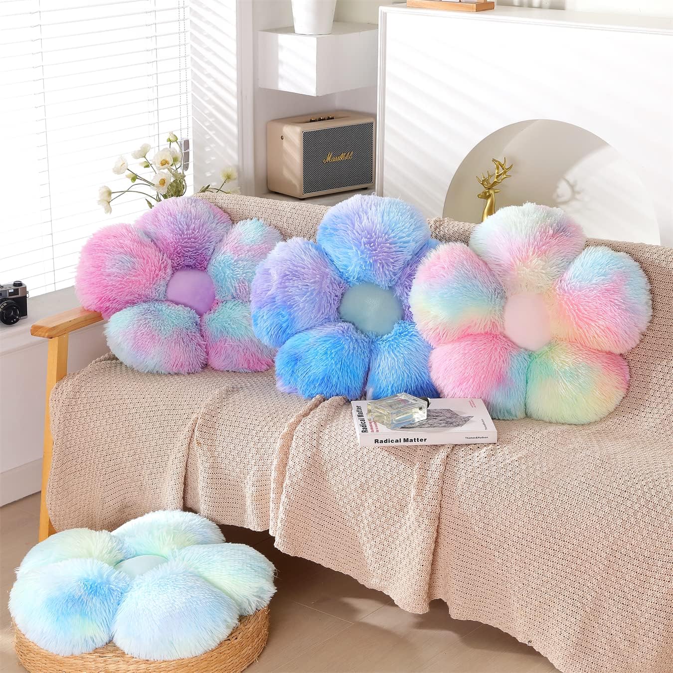 Faux Fur Pillow,Flower Shaped Throw Pillow Butt Cushion Flower Floor Pillow,Seating Cushion,Cute Room Decor & Plush Pillow for Bedroom Sofa Chair (19.7 Inches, Rainbow Purple)