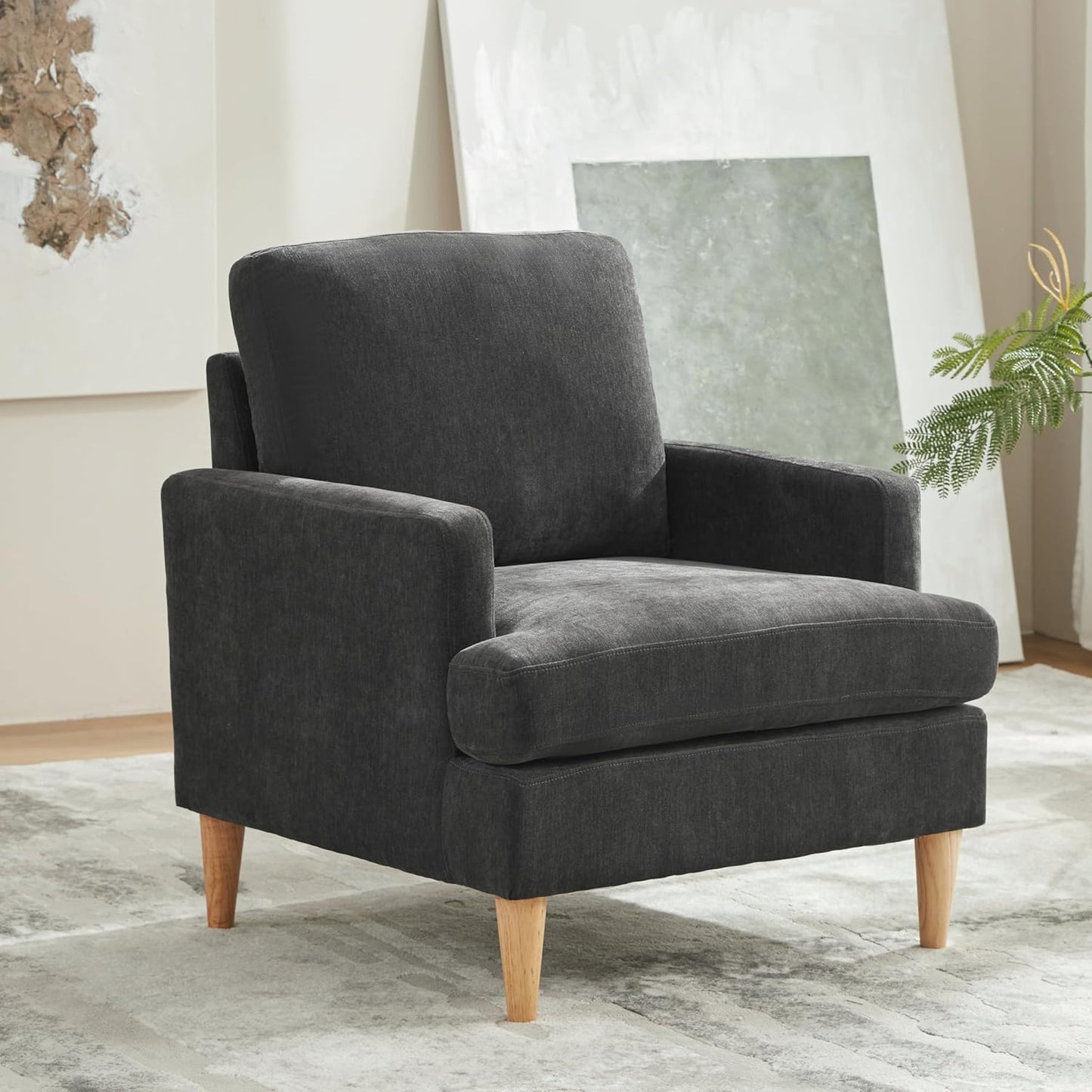VKNOW Mid-Century Accent Chair, Modern Upholstered Chenille Armchair for Living Room,Comfy Reading Accent Chairs with Wood Legs for Bedroom, Beige