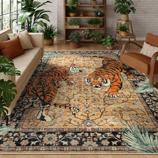 Moynesa Tiger 6x9 Rug, Washable Large Rugs for Living Room, Vintage Non Slip Boho Bedroom Area Rug, Ultra Thin Soft Indoor Floor Carpet for Dining Room Home Office, Camel