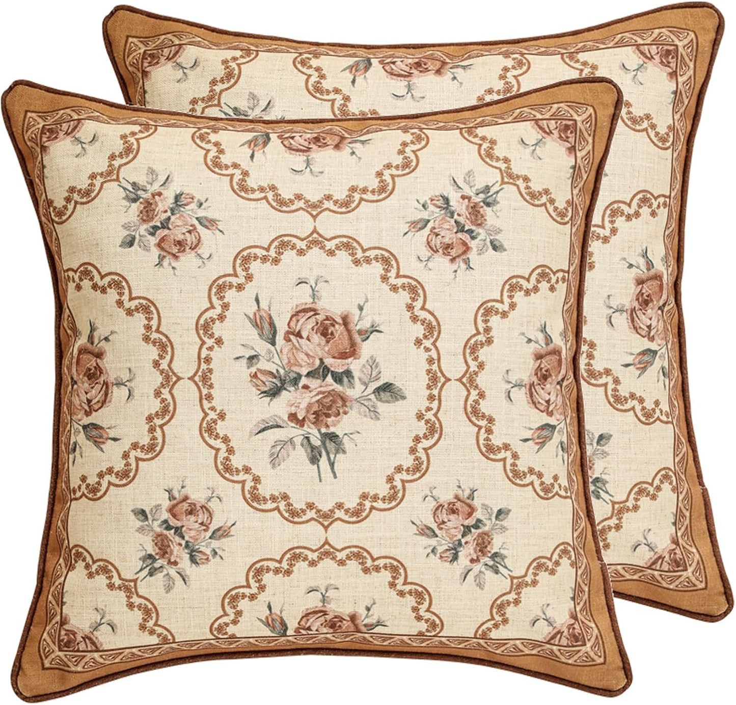 patdrea Designer Pack of 2 Square Throw Pillow Covers,Farmhouse Pink and Yellow Linen with Floral Pattern Pillows Cover,Decorative Pillowcases Cushion for Bed Living Room Outdoor Car,18"x18"