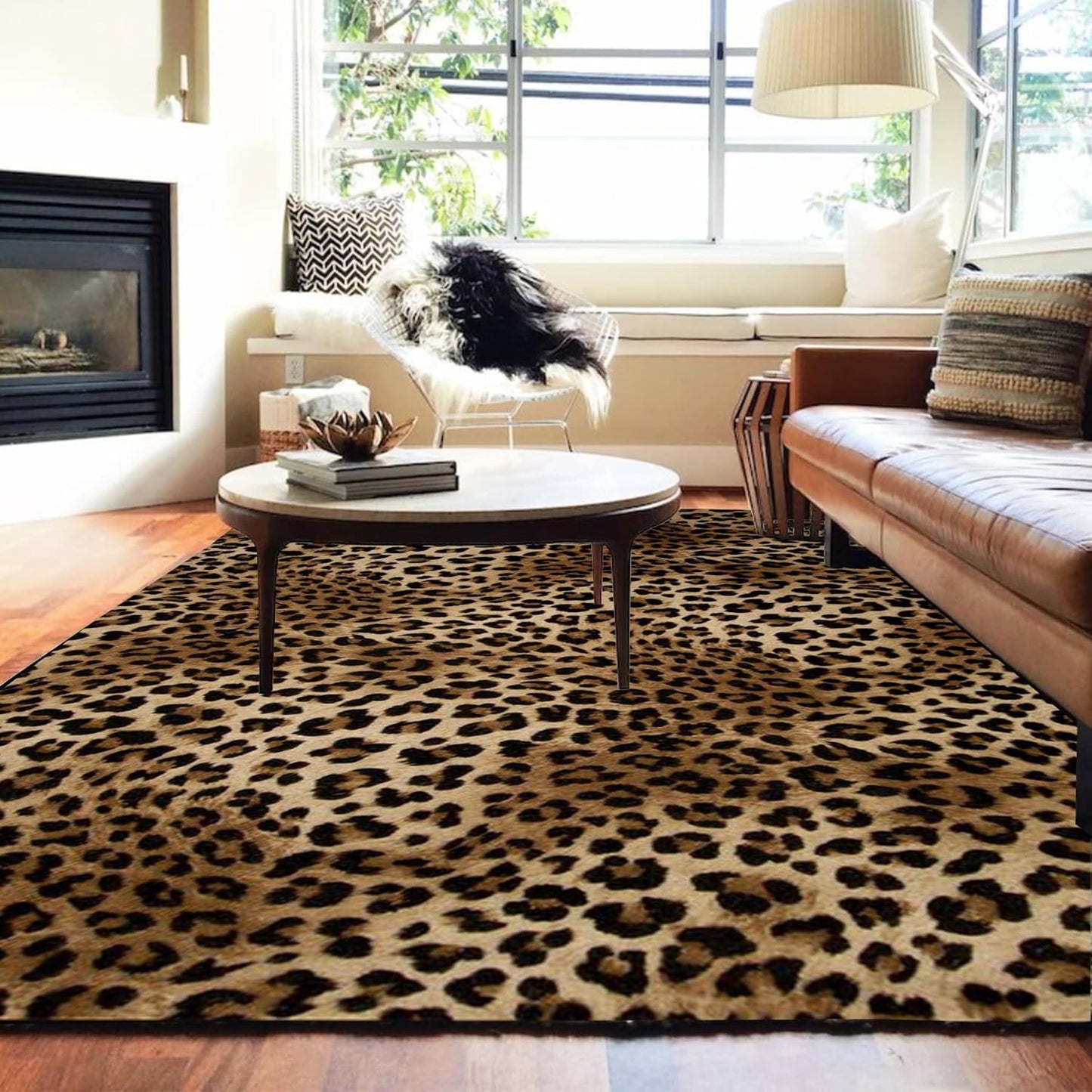 Leopard Rug 8x10 Large Living Room Area Rug Washable Non-Slip Leopard Print Bedroom Rug Modern Themed Indoor Carpet for Dining Room Foyer Apartment Den（8x10ft,Brown）