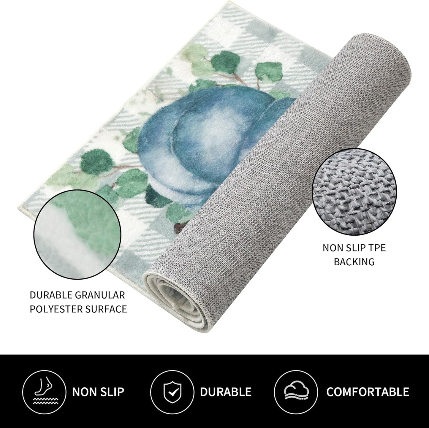 Fall Kitchen Rugs Sets of 3 Non Slip Washable Blue Pumpkin Kitchen Mats for Floor 3 Piece Set Kitchen Rug Sets Runner Carpets Absorbent for Home Party Autumn Decor(20"x32"+20"x48"+20"x59")