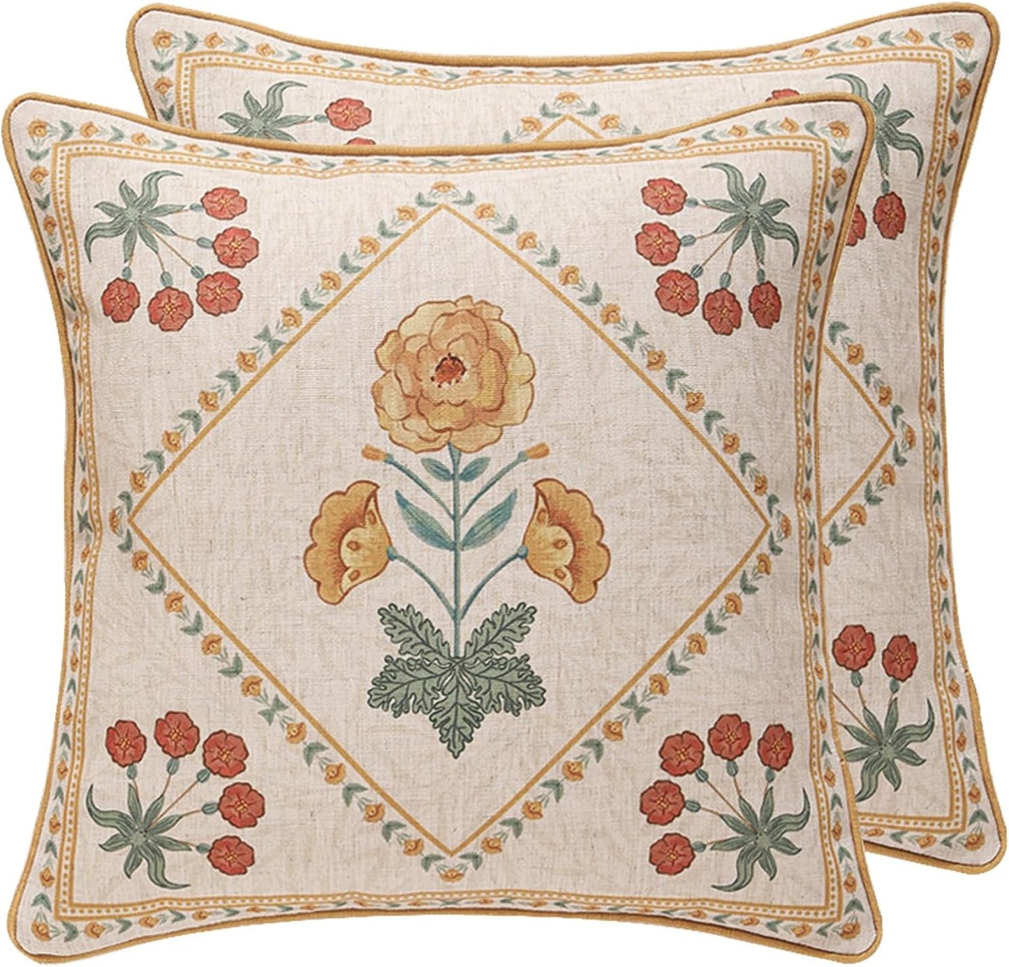 patdrea Designer Pack of 2 Square Throw Pillow Covers,Farmhouse Pink and Yellow Linen with Floral Pattern Pillows Cover,Decorative Pillowcases Cushion for Bed Living Room Outdoor Car,18"x18"
