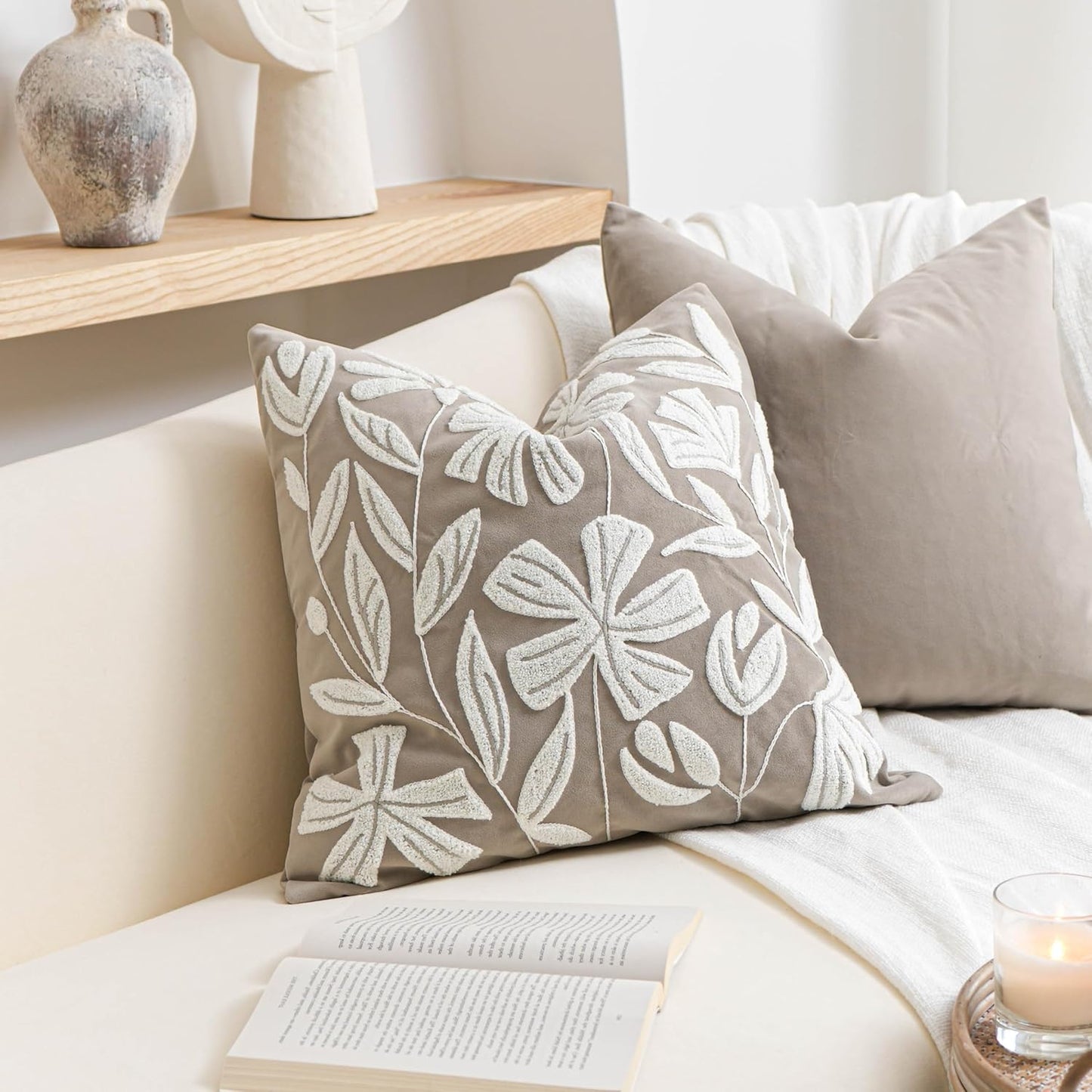 Cream Velvet Floral Decorative Lumbar Throw Pillow Cover 12X20, Flower Tufted Soft Farmhouse Textured Pillowcase, Accent Pillowcase for Couch Sofa Bed Living Room