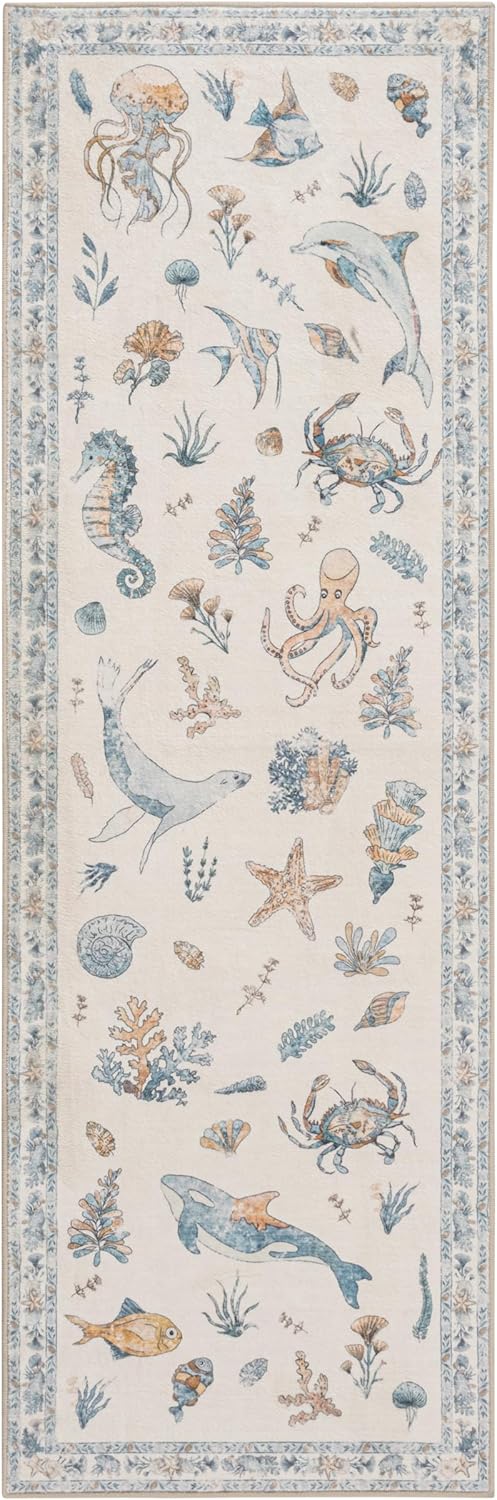 Soft Marine Animal Washable Faux Wool Stain Resistant Rug Rubber Non-Slip Backing for Playroom Bathroom Living Room Bedroom Bedside Beachy Cute Coastal Nautical Nursery Rug (Blue Multi, 5' x 7')