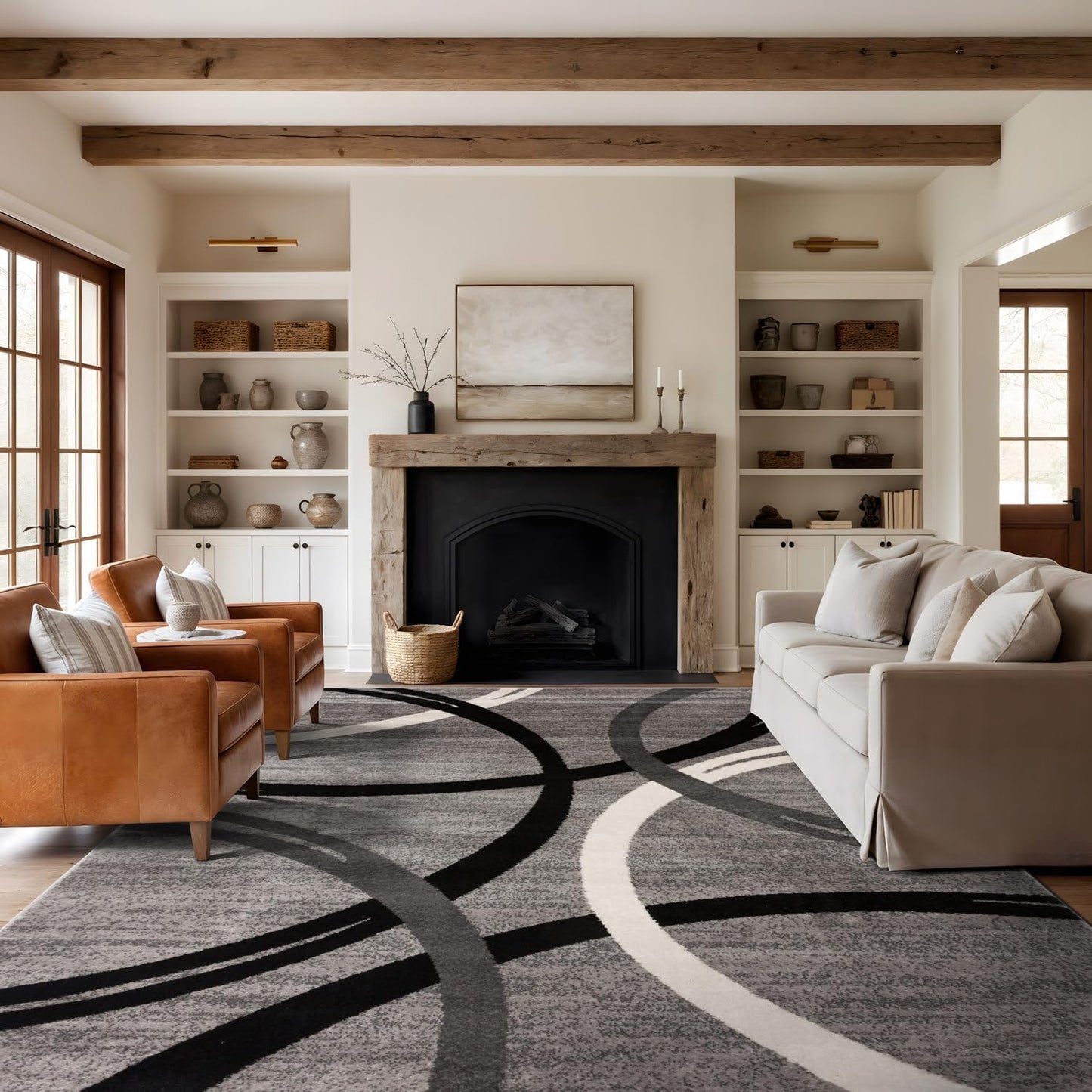 Rugshop Wavy Circles Design Area Rug, Fade-Resistant Carpet for Living Room, Dining Room, or Bedroom, Gray, 5'3" x 7'3"