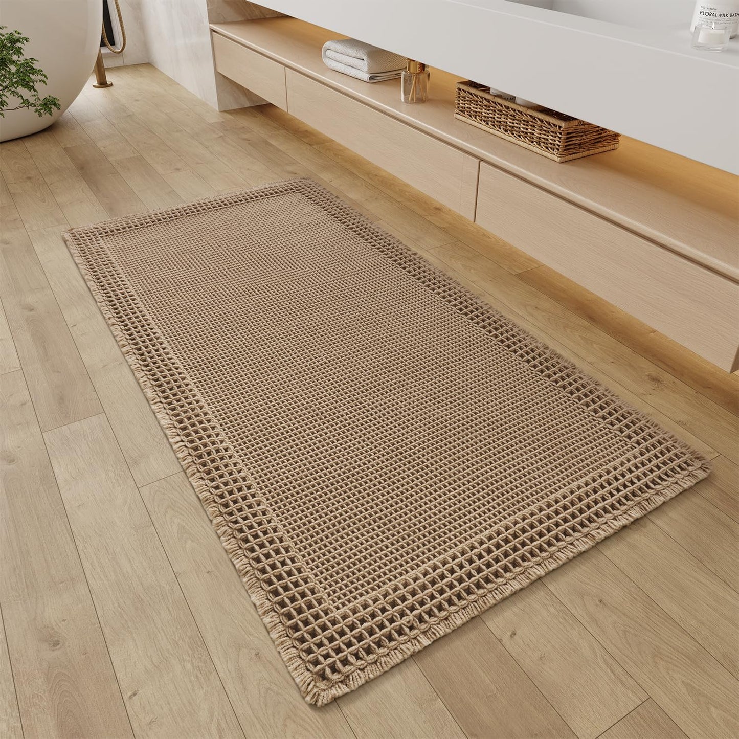 RESARE Waffle Bathroom Runner Rugs, Super Absorbent Bath Mat Non Slip Washable Quick Dry, Upgraded Ultra Soft Boho Bath Rugs with Tassels for Hallway Bedroom Laundry Room, 2'x6'(24"x72"), Brown