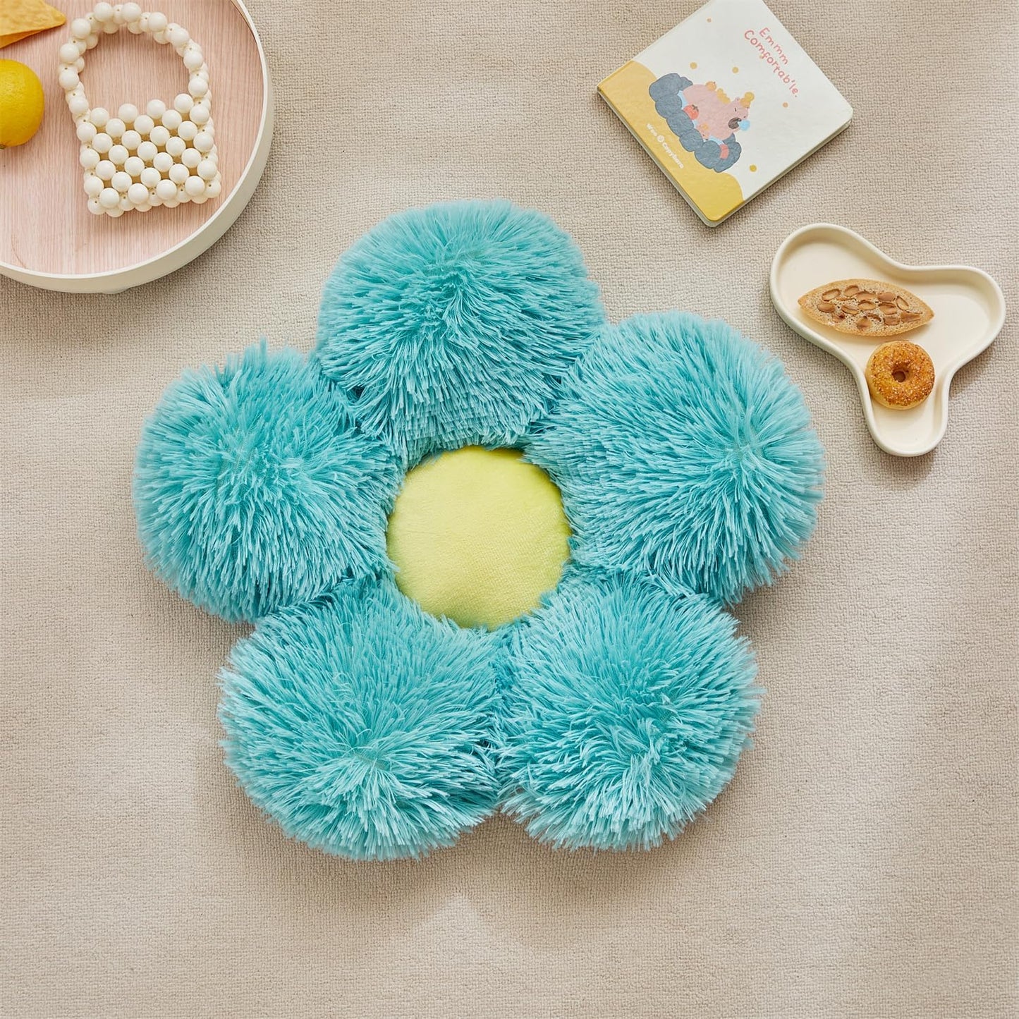 Faux Fur Pillow,Flower Shaped Throw Pillow Butt Cushion Flower Floor Pillow,Seating Cushion,Cute Room Decor & Plush Pillow for Bedroom Sofa Chair (19.7 Inches, Rainbow Purple)