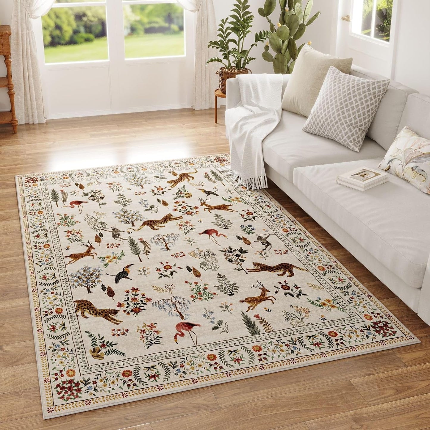 Rugcomf Living Room Rug 5x7 Rug Machine Washable Boho Area Rug Non Slip Floral Animal Cat Vintage Low Pile Large Rugs for Living Room Bedroom Farmhouse Dining Room Kids Playroom, Beige