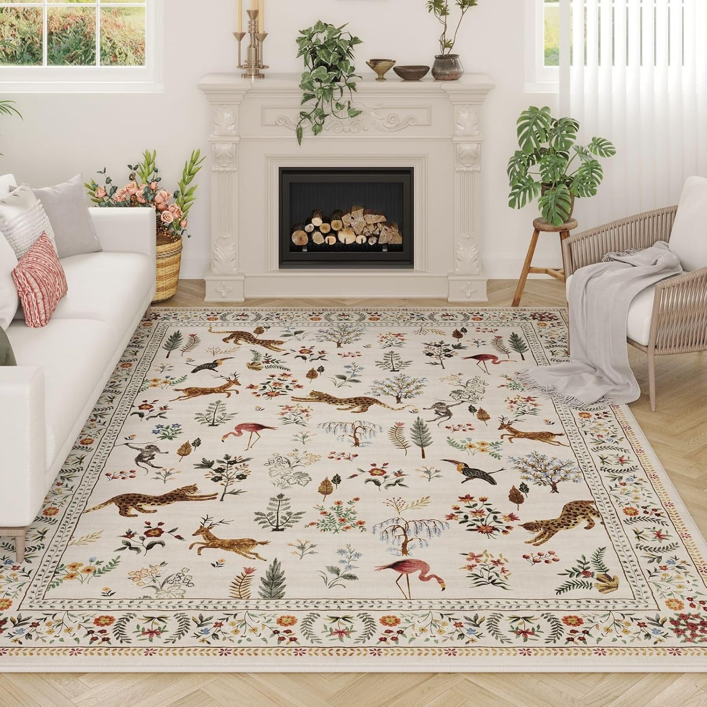 Rugcomf Living Room Rug 5x7 Rug Machine Washable Boho Area Rug Non Slip Floral Animal Cat Vintage Low Pile Large Rugs for Living Room Bedroom Farmhouse Dining Room Kids Playroom, Beige
