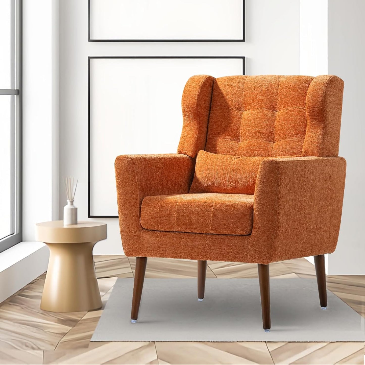 Accent Chairs Set of 2 for Living Room, Chenille Upholstered Mordern Armchair, Comfy Soft Padded Lounge Reading Arm Chair in Small Space, Bedroom, Pillow, Solid Wood Leg, Beige