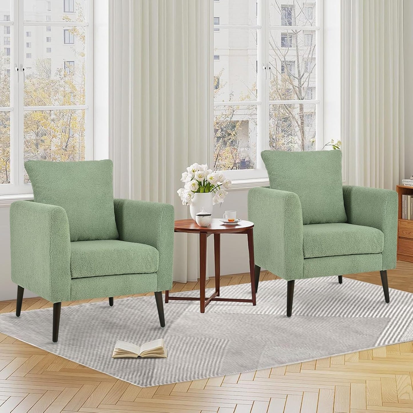 Accent Chairs Set of 2 for Living Room, Chenille Upholstered Mordern Armchair, Comfy Soft Padded Lounge Reading Arm Chair in Small Space, Bedroom, Pillow, Solid Wood Leg, Beige