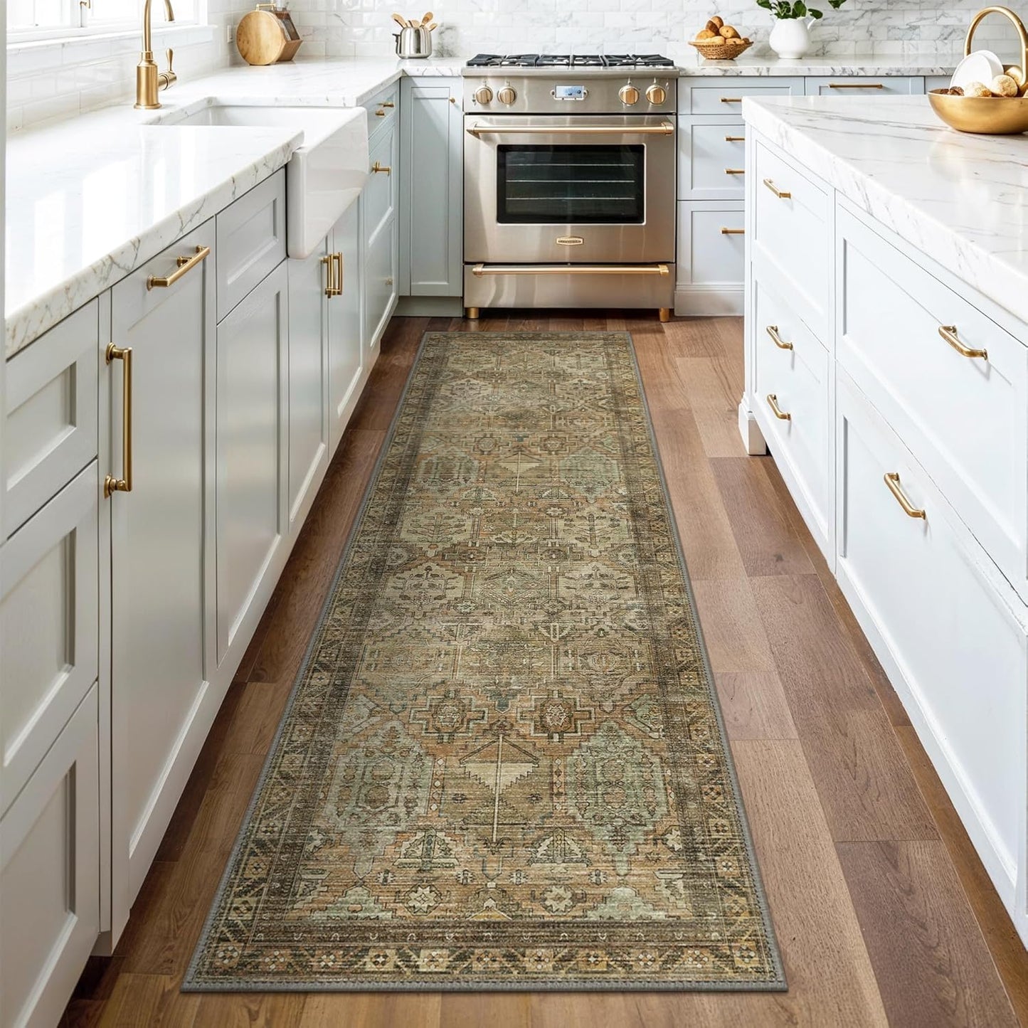 GENIMO Kitchen Mats for Floor Set of 3 Non-Slip Washable, Waterproof Lightweight Kitchen Rugs, Kitchen Floor Mat Runner Rug Carpet for Laundry, Sink, Hallway, Bathroom, Entryway, Brown Green