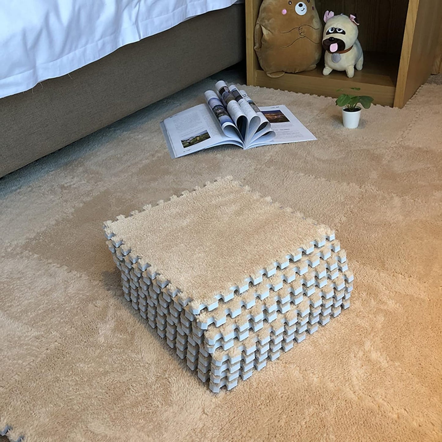 Interlocking Carpet Shaggy Soft EVA Foam Mats Fluffy Area Rugs Protective Floor Tiles Exercise Play Mat for Children Kids Room Home Parlor Bedroom (12 pcs, Gray)