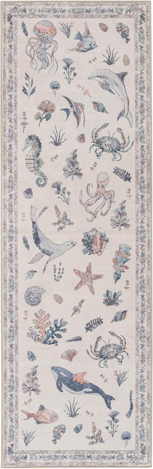 Soft Marine Animal Washable Faux Wool Stain Resistant Rug Rubber Non-Slip Backing for Playroom Bathroom Living Room Bedroom Bedside Beachy Cute Coastal Nautical Nursery Rug (Blue Multi, 5' x 7')