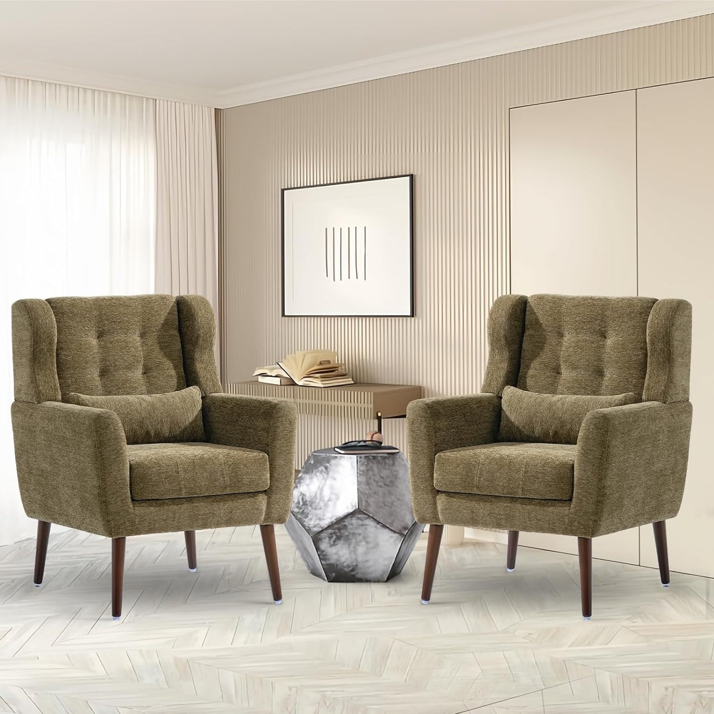 Accent Chairs Set of 2 for Living Room, Chenille Upholstered Mordern Armchair, Comfy Soft Padded Lounge Reading Arm Chair in Small Space, Bedroom, Pillow, Solid Wood Leg, Beige