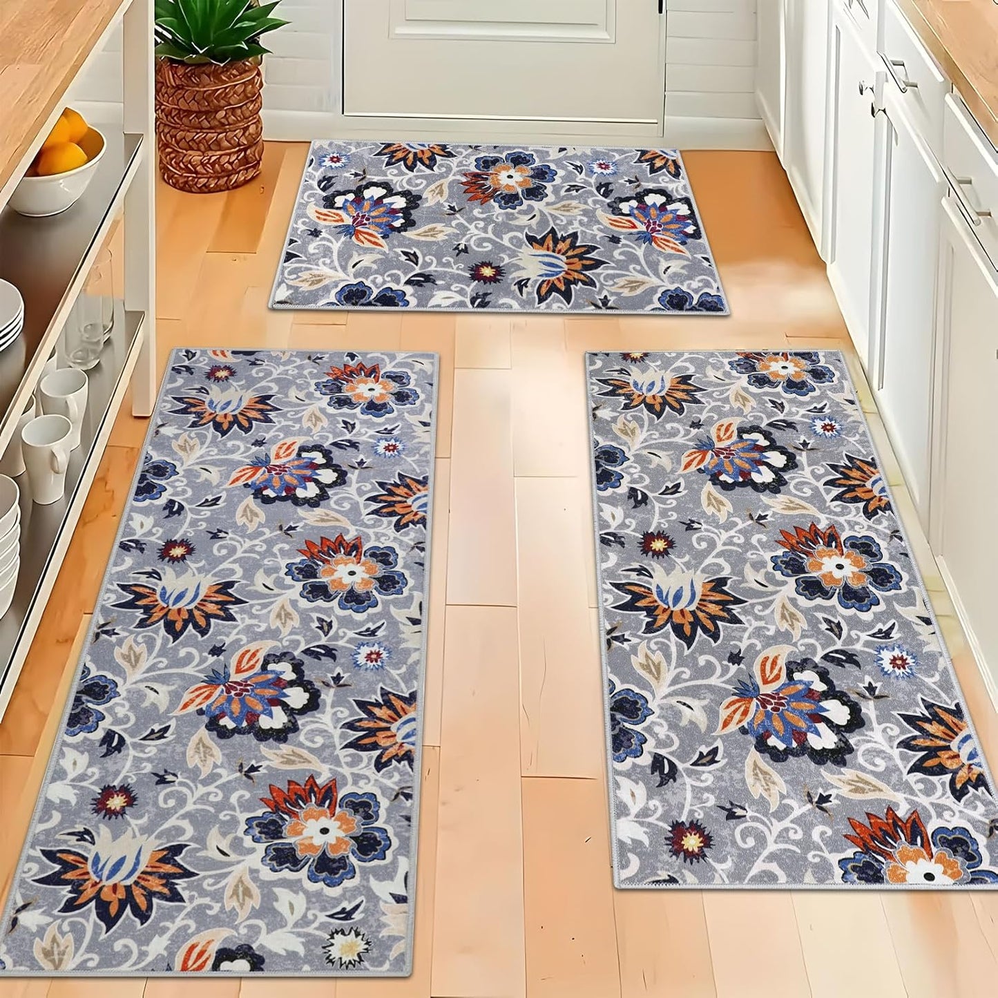 Homcomoda Boho 3 Piece Rug Set with Runner - Non Slip Floor Mats, Washable Kitchen Carpet Runner for Laundry, Hallway