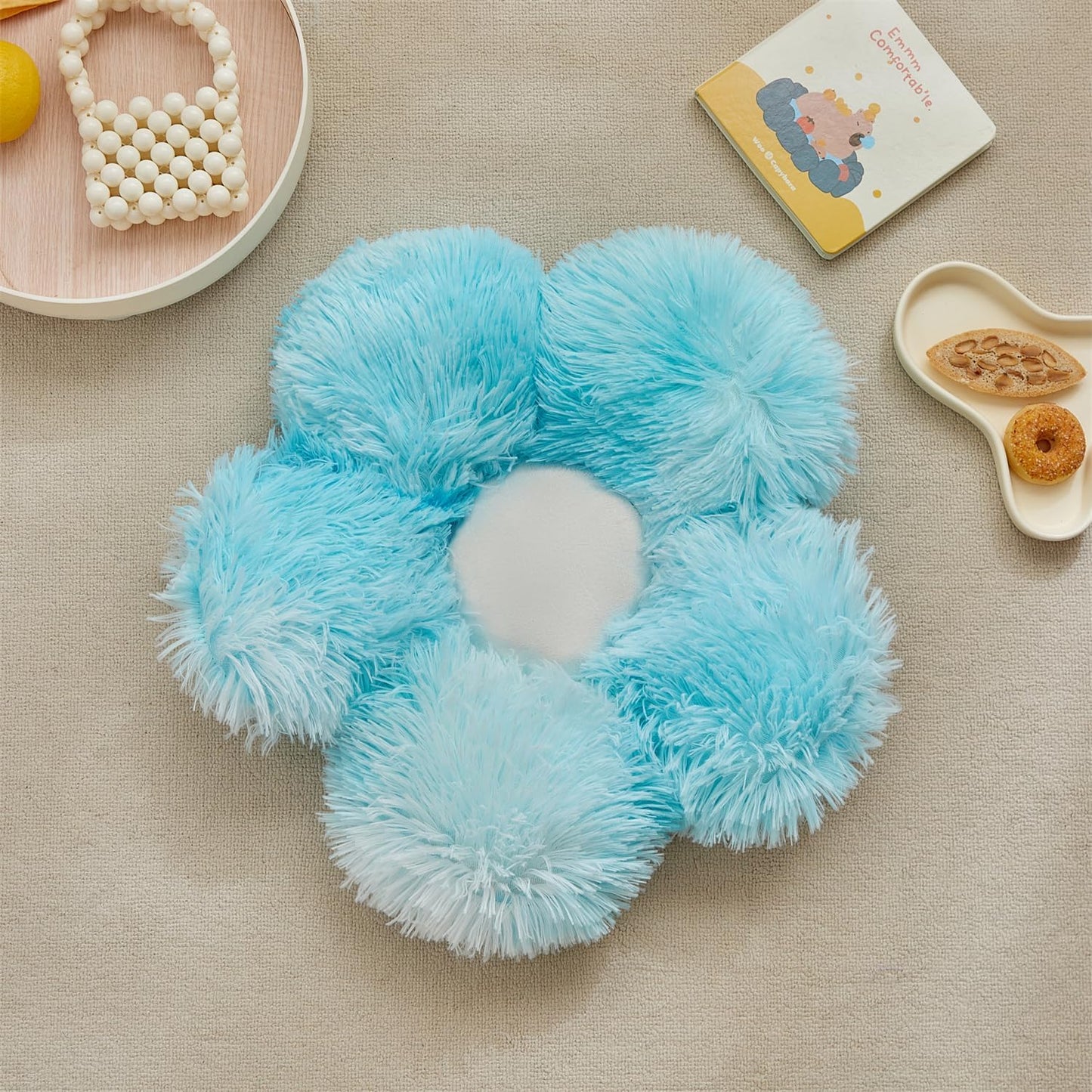 Faux Fur Pillow,Flower Shaped Throw Pillow Butt Cushion Flower Floor Pillow,Seating Cushion,Cute Room Decor & Plush Pillow for Bedroom Sofa Chair (19.7 Inches, Rainbow Purple)