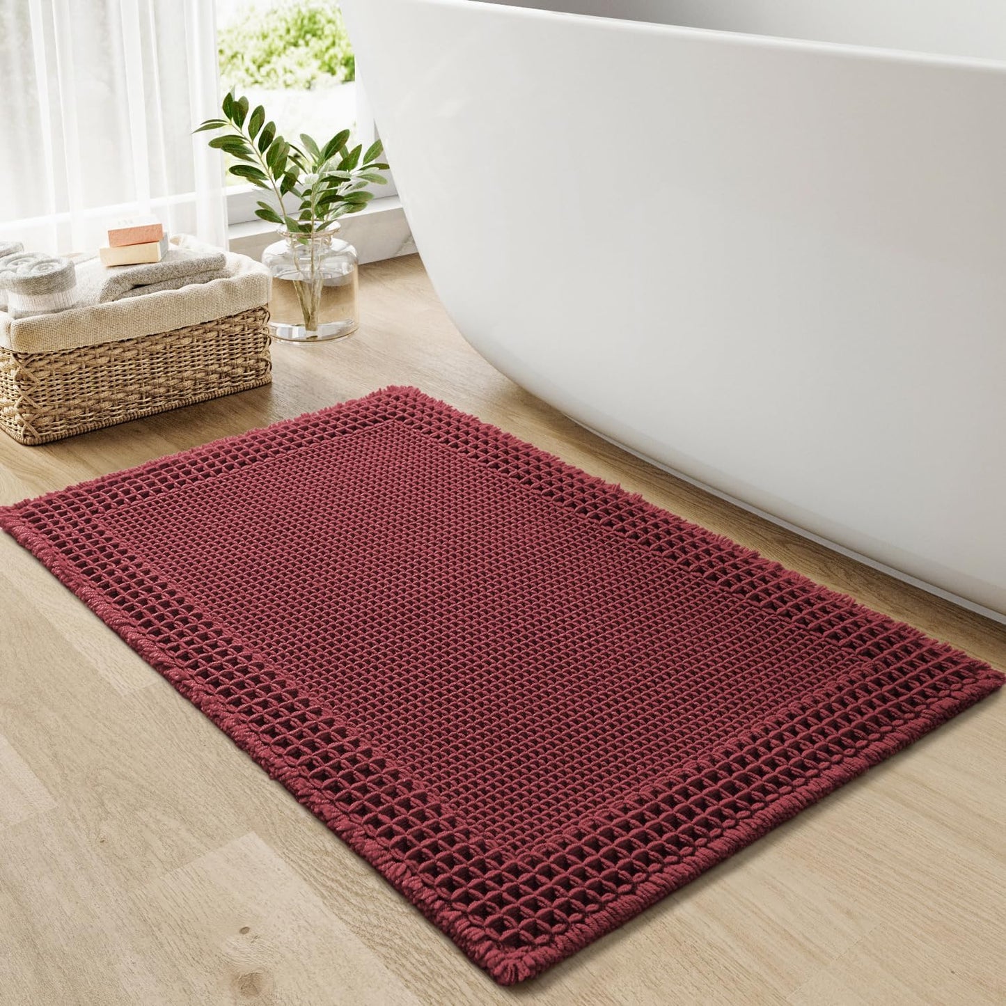 RESARE Waffle Bathroom Runner Rugs, Super Absorbent Bath Mat Non Slip Washable Quick Dry, Upgraded Ultra Soft Boho Bath Rugs with Tassels for Hallway Bedroom Laundry Room, 2'x6'(24"x72"), Brown