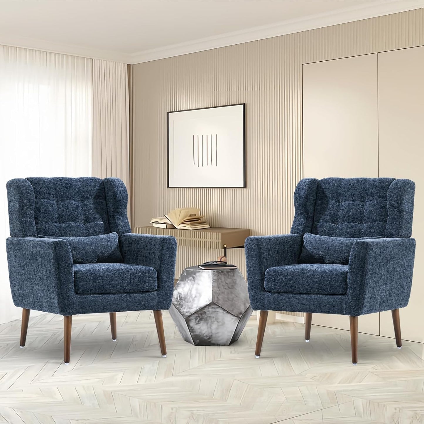 Accent Chairs Set of 2 for Living Room, Chenille Upholstered Mordern Armchair, Comfy Soft Padded Lounge Reading Arm Chair in Small Space, Bedroom, Pillow, Solid Wood Leg, Beige