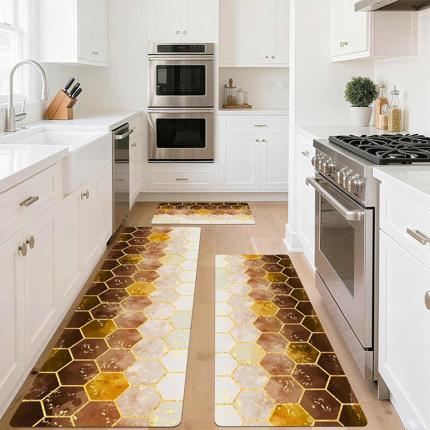 Kitchen Rugs Sets 3 Piece, Non Slip Cushioned Kitchen Mats for Floor Comfort Standing Runner Rugs, Chef Floor Carpet for Sink, Laundry Room, Hallway, Entryway, Bathroom, Brown Honeycomb Marble