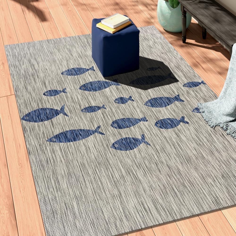 LR Home 5x7 Indoor/Outdoor Area Rug for Home Decor | Coastal Reef Carpet for Living Room, Bedroom, Playroom, Patio, Garden | Modern Farmhouse Rug | Blue/Gray