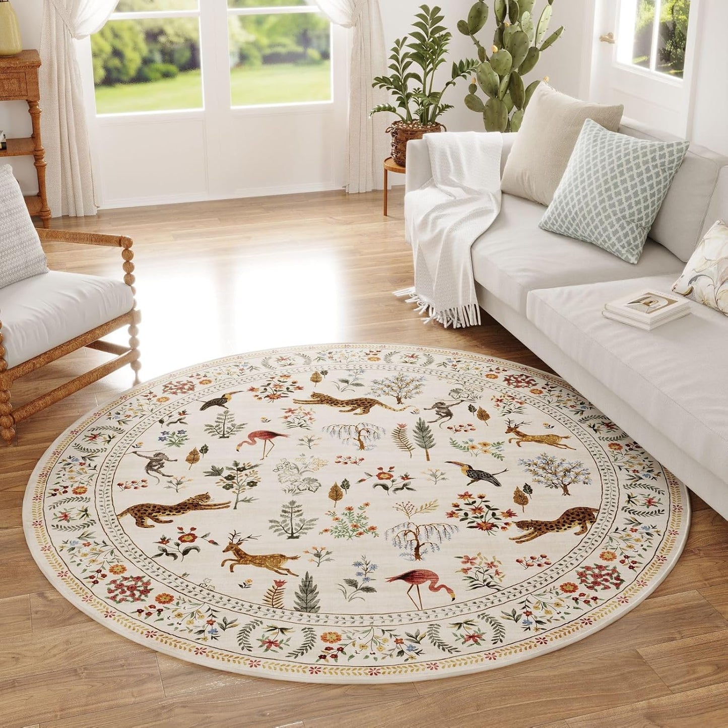 Rugcomf Living Room Rug 5x7 Rug Machine Washable Boho Area Rug Non Slip Floral Animal Cat Vintage Low Pile Large Rugs for Living Room Bedroom Farmhouse Dining Room Kids Playroom, Beige