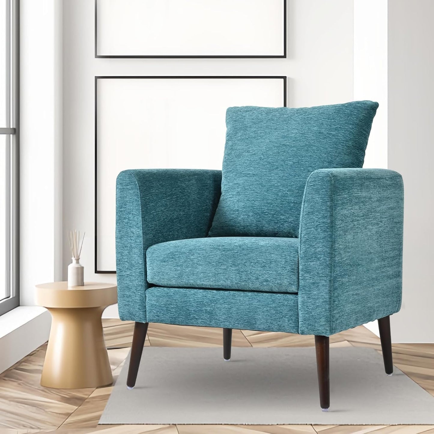 Accent Chairs Set of 2 for Living Room, Chenille Upholstered Mordern Armchair, Comfy Soft Padded Lounge Reading Arm Chair in Small Space, Bedroom, Pillow, Solid Wood Leg, Beige