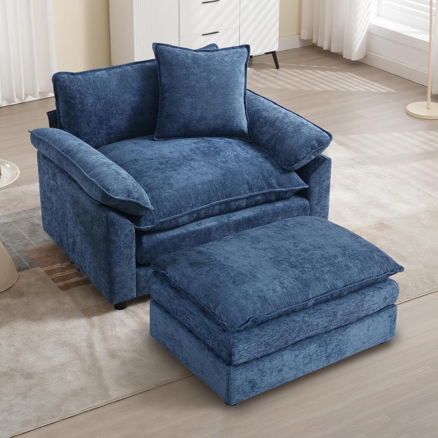 Chenille Oversized Accent Chair with Ottoman, Comfy Single Sofa Chair Armchair with Large Seat and Extra Wide Armrests, Modern Reading Chairs for Bedroom, Living Room,Beige