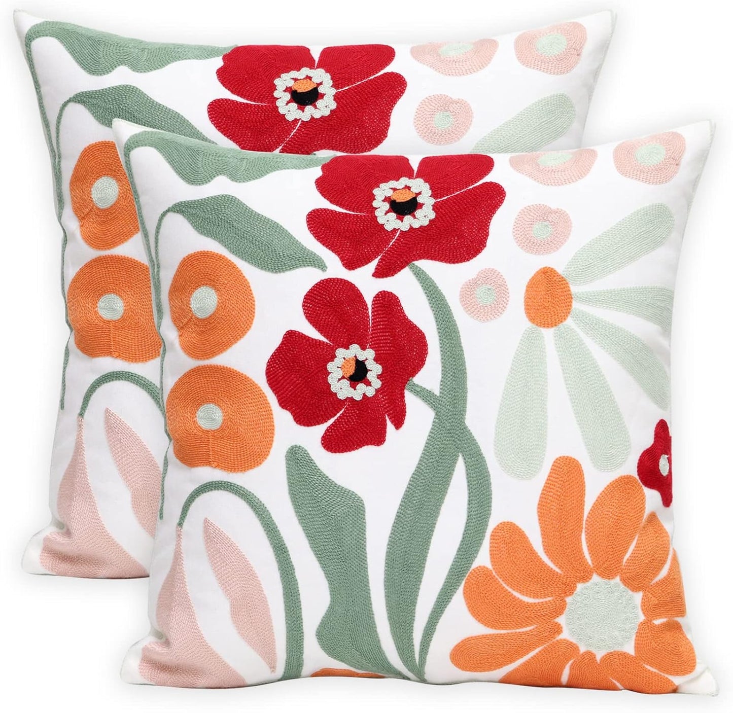 Pack of 2 Embroidered Decorative Throw Pillow Cover 18x18 Inch Farmhouse Floral Pillowcase for Living Room Sofa Bed (Bird Flower-Waist)
