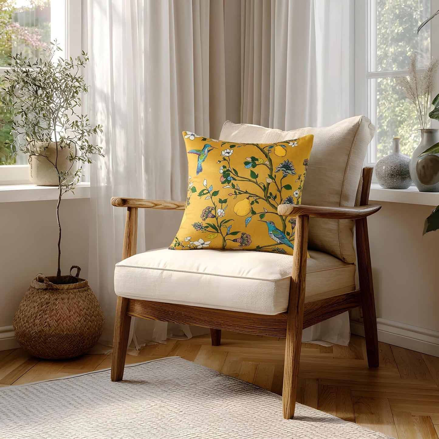 MUSSEL Mustard Yellow Floral Pillow Covers 18x18 Set of 2, Velvet Wild Flower Plant Throw Pillows Case, Square Farmhouse Decor Cushion Covers for Home Sofa Bed Couch