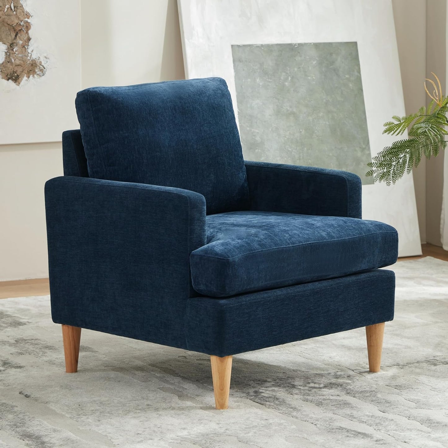 VKNOW Mid-Century Accent Chair, Modern Upholstered Chenille Armchair for Living Room,Comfy Reading Accent Chairs with Wood Legs for Bedroom, Beige