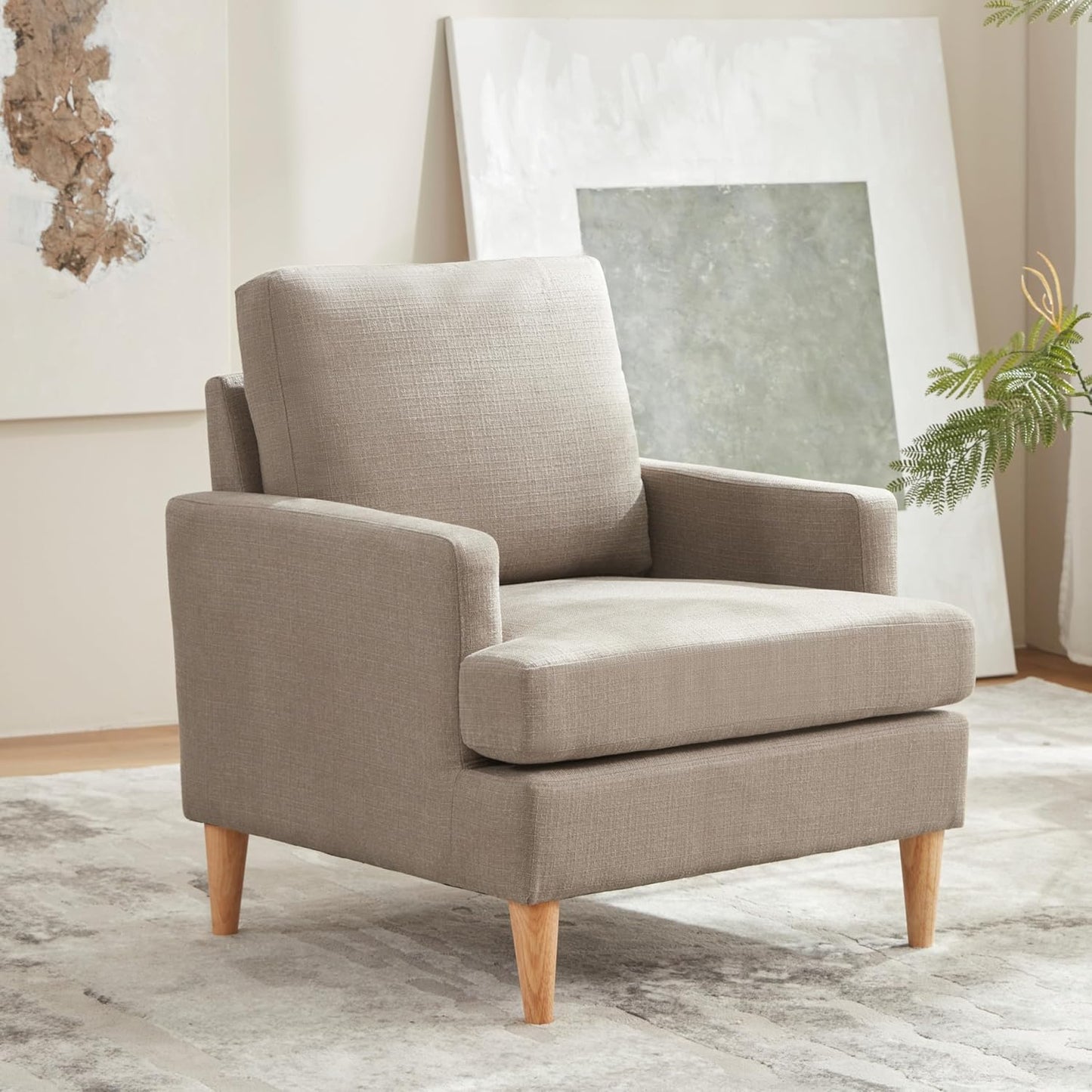 VKNOW Mid-Century Accent Chair, Modern Upholstered Chenille Armchair for Living Room,Comfy Reading Accent Chairs with Wood Legs for Bedroom, Beige