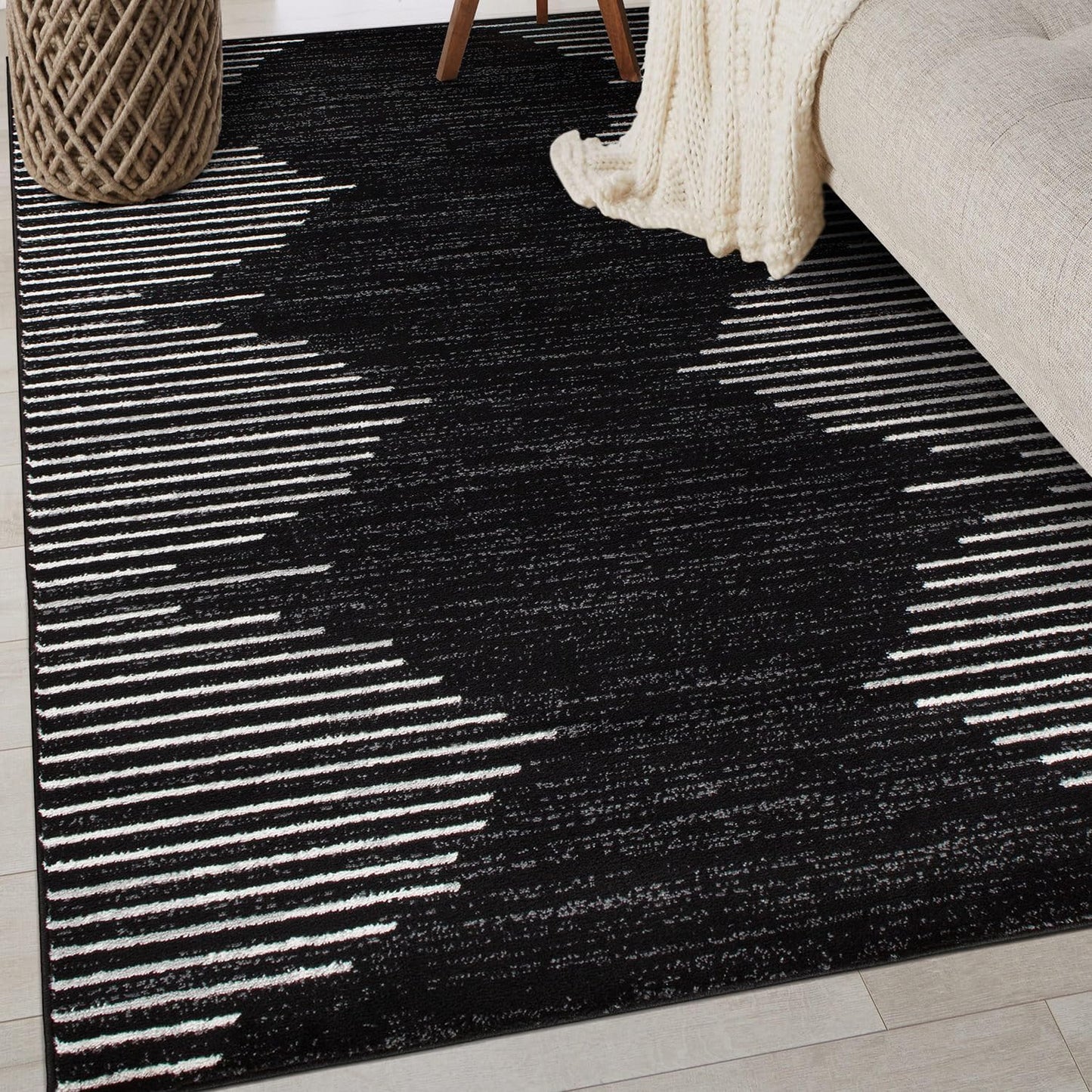 Rugshop Bohemian Stripe Stain Resistant High Traffic Living Room Kitchen Bedroom Dining Home Office Area Rug 5' x 7' Black