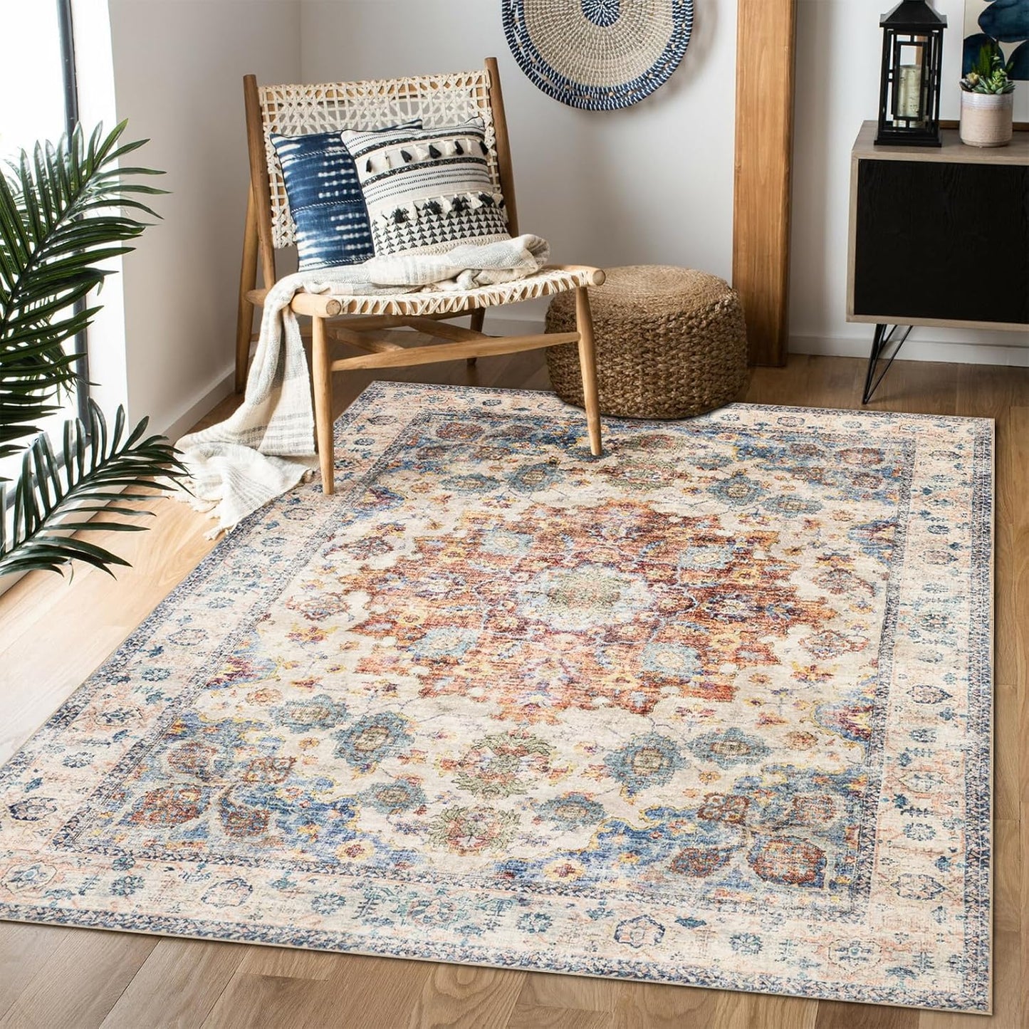 Area Rug 5×7, Vintage Boho Rug,Ultra-Soft Low Pile, Washable, Non Slip,Stain Resistant Printed Carpet for Living Room Bedrooms Playroom Office Kitchen, Light Blue