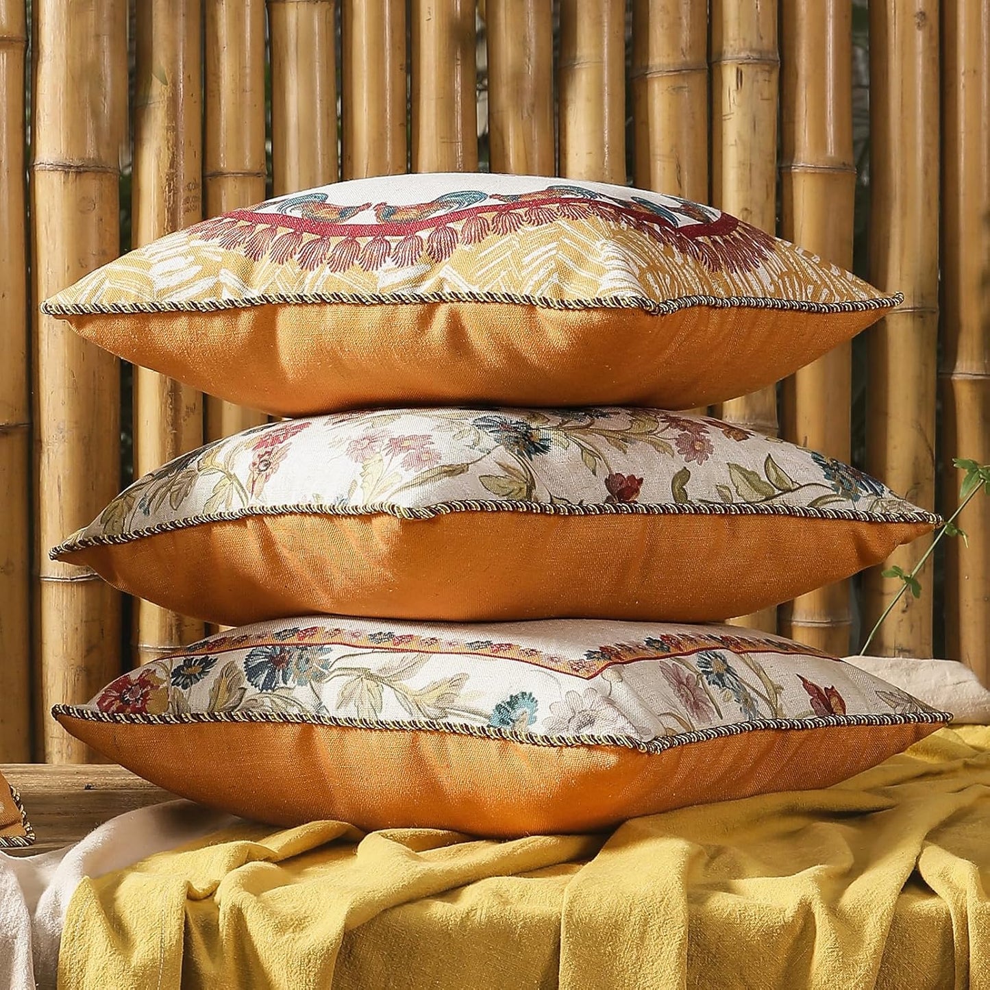 patdrea Designer Pack of 2 Square Throw Pillow Covers,Farmhouse Pink and Yellow Linen with Floral Pattern Pillows Cover,Decorative Pillowcases Cushion for Bed Living Room Outdoor Car,18"x18"