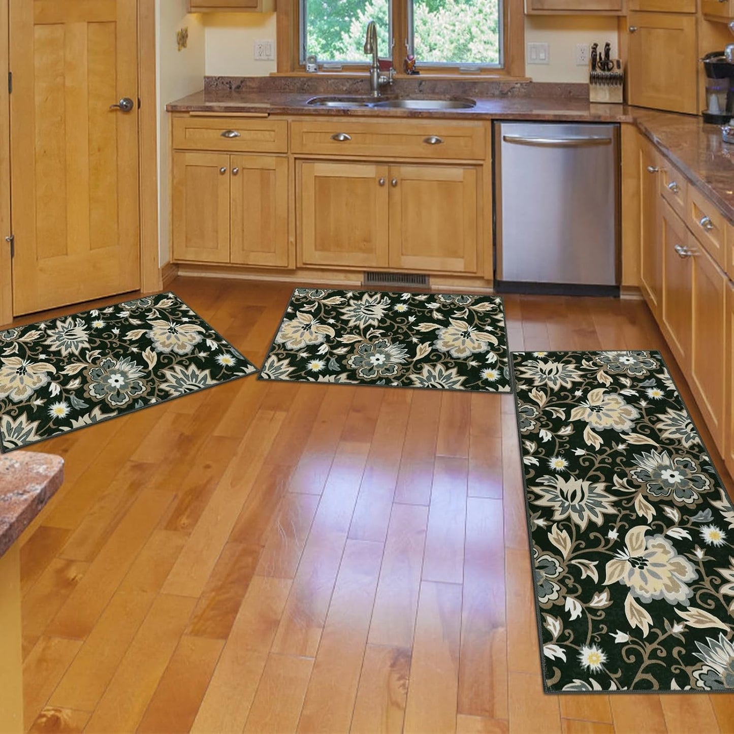 Homcomoda Boho 3 Piece Rug Set with Runner - Non Slip Floor Mats, Washable Kitchen Carpet Runner for Laundry, Hallway