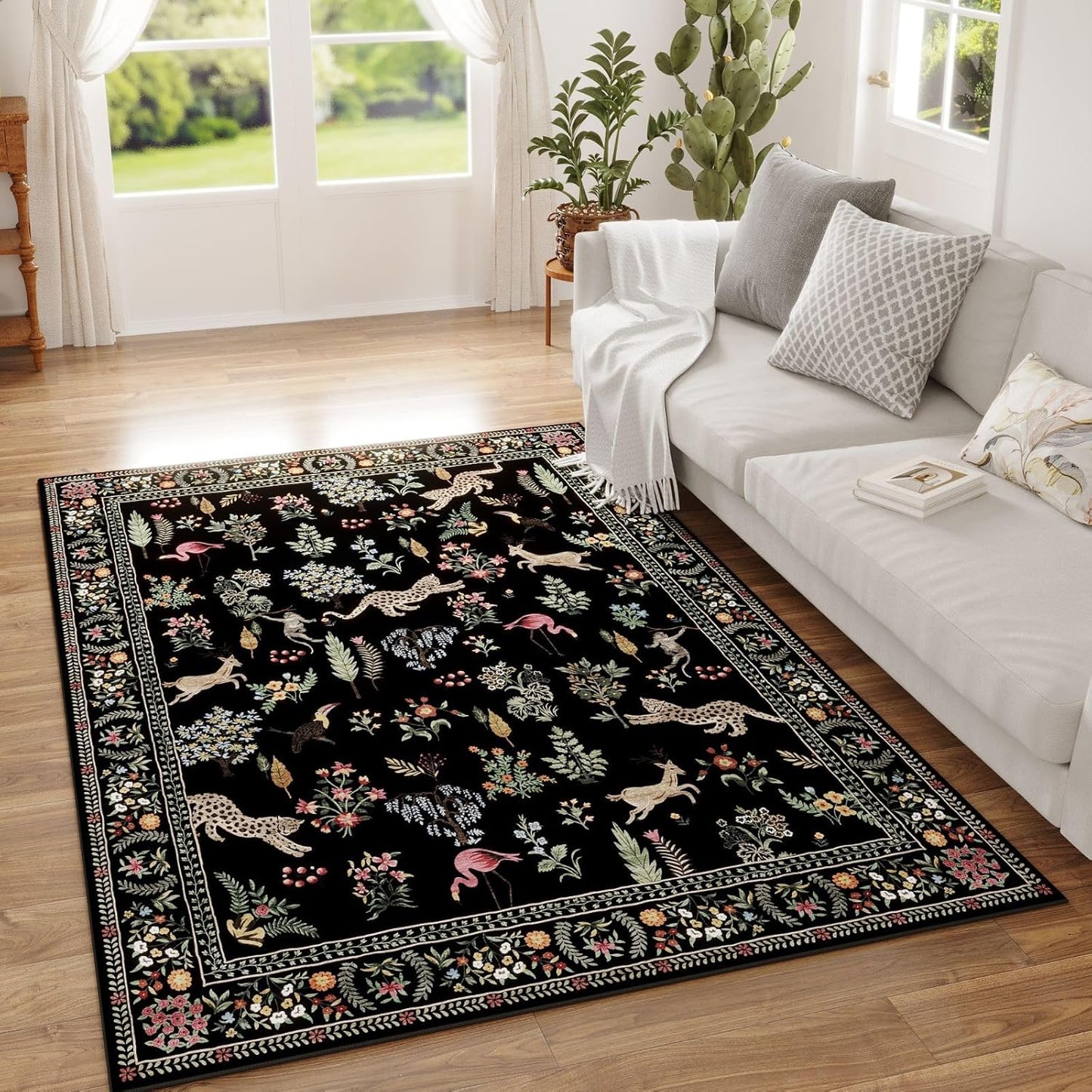 Rugcomf Living Room Rug 5x7 Rug Machine Washable Boho Area Rug Non Slip Floral Animal Cat Vintage Low Pile Large Rugs for Living Room Bedroom Farmhouse Dining Room Kids Playroom, Beige