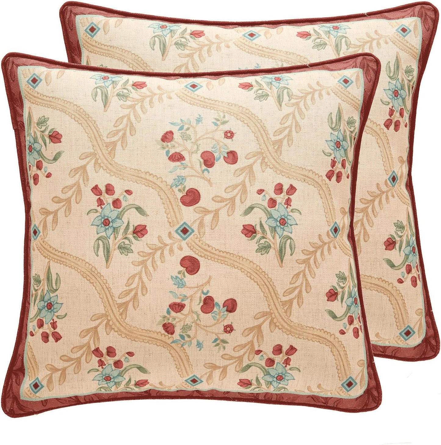 patdrea Designer Pack of 2 Square Throw Pillow Covers,Farmhouse Pink and Yellow Linen with Floral Pattern Pillows Cover,Decorative Pillowcases Cushion for Bed Living Room Outdoor Car,18"x18"