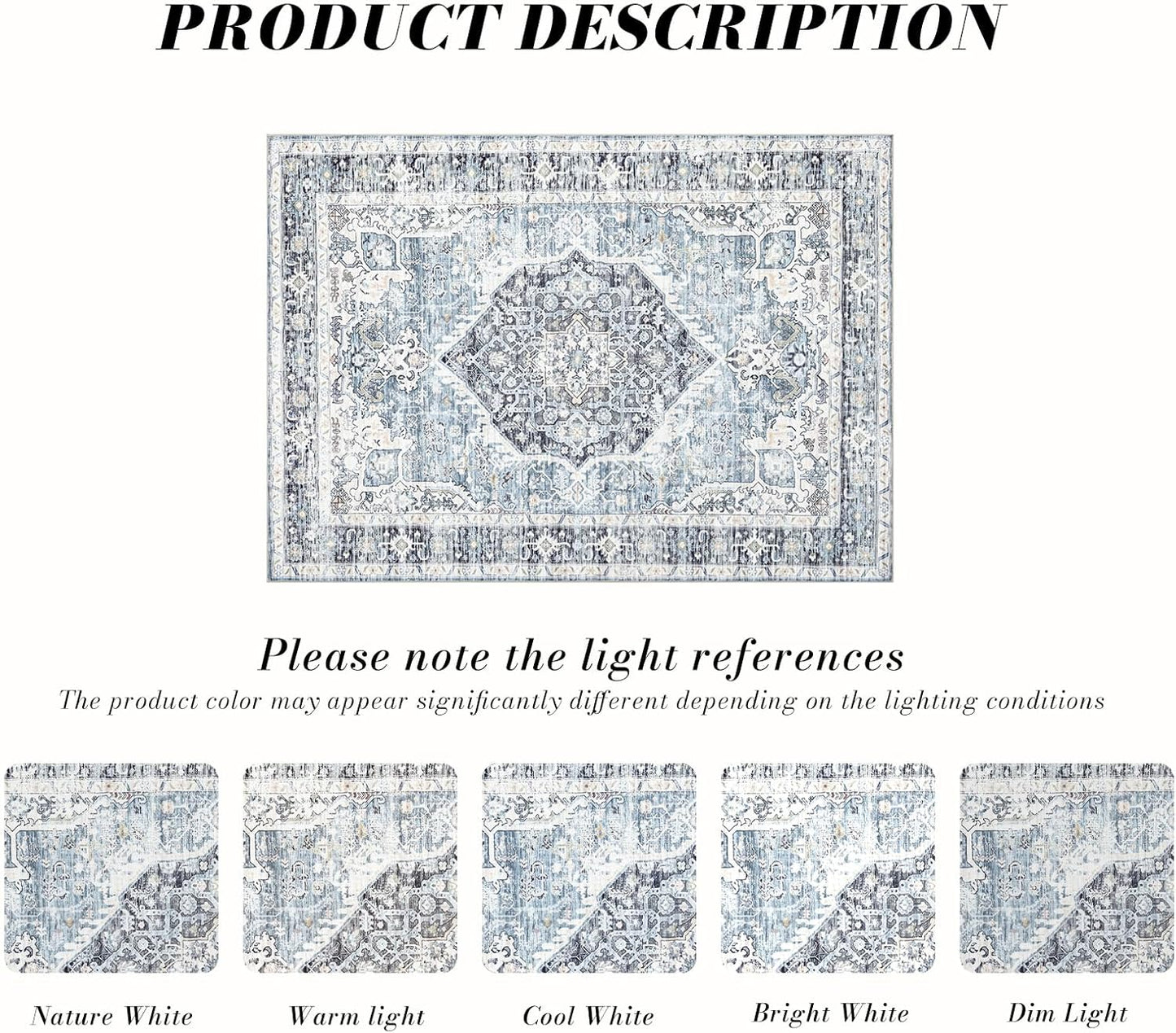 Area Rug 5×7, Vintage Boho Rug,Ultra-Soft Low Pile, Washable, Non Slip,Stain Resistant Printed Carpet for Living Room Bedrooms Playroom Office Kitchen, Light Blue