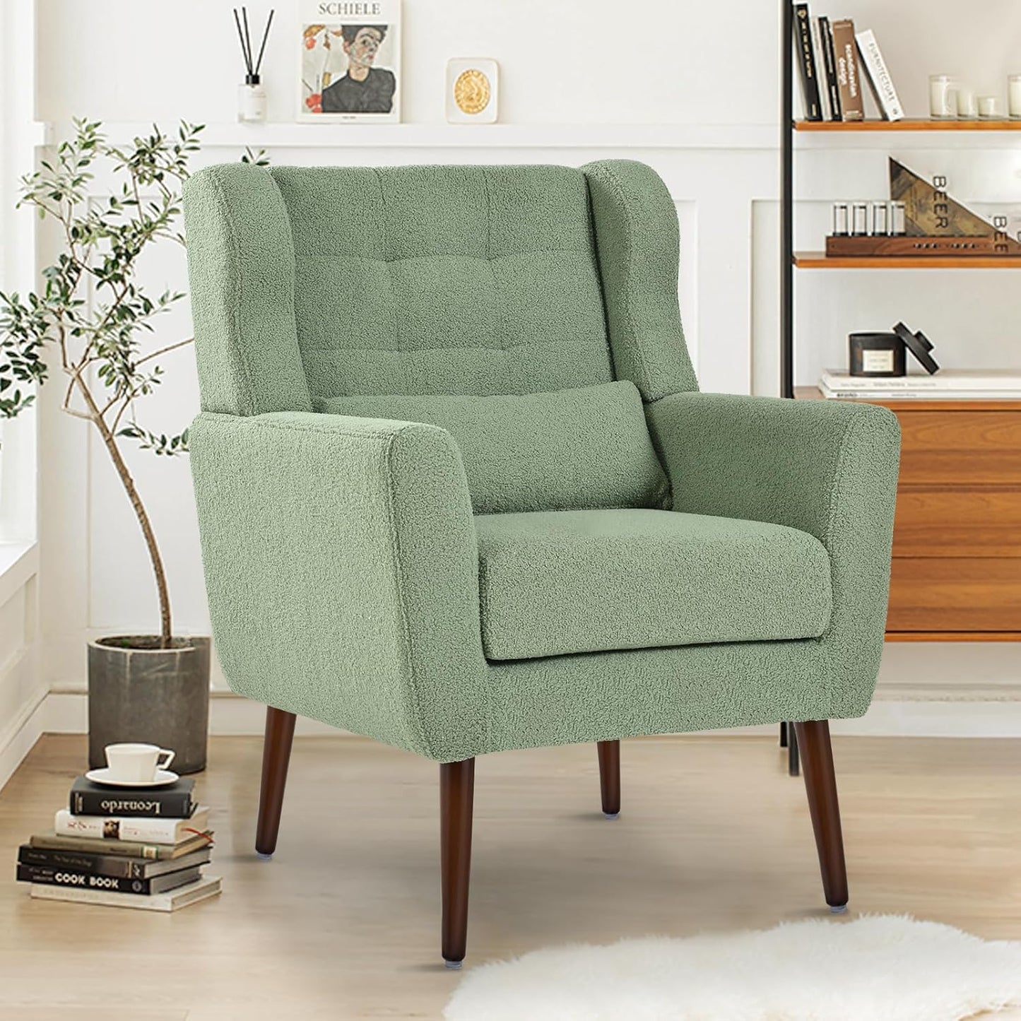 Accent Chairs Set of 2 for Living Room, Chenille Upholstered Mordern Armchair, Comfy Soft Padded Lounge Reading Arm Chair in Small Space, Bedroom, Pillow, Solid Wood Leg, Beige