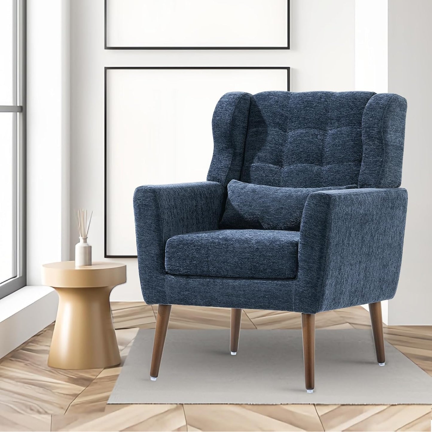 Accent Chairs Set of 2 for Living Room, Chenille Upholstered Mordern Armchair, Comfy Soft Padded Lounge Reading Arm Chair in Small Space, Bedroom, Pillow, Solid Wood Leg, Beige