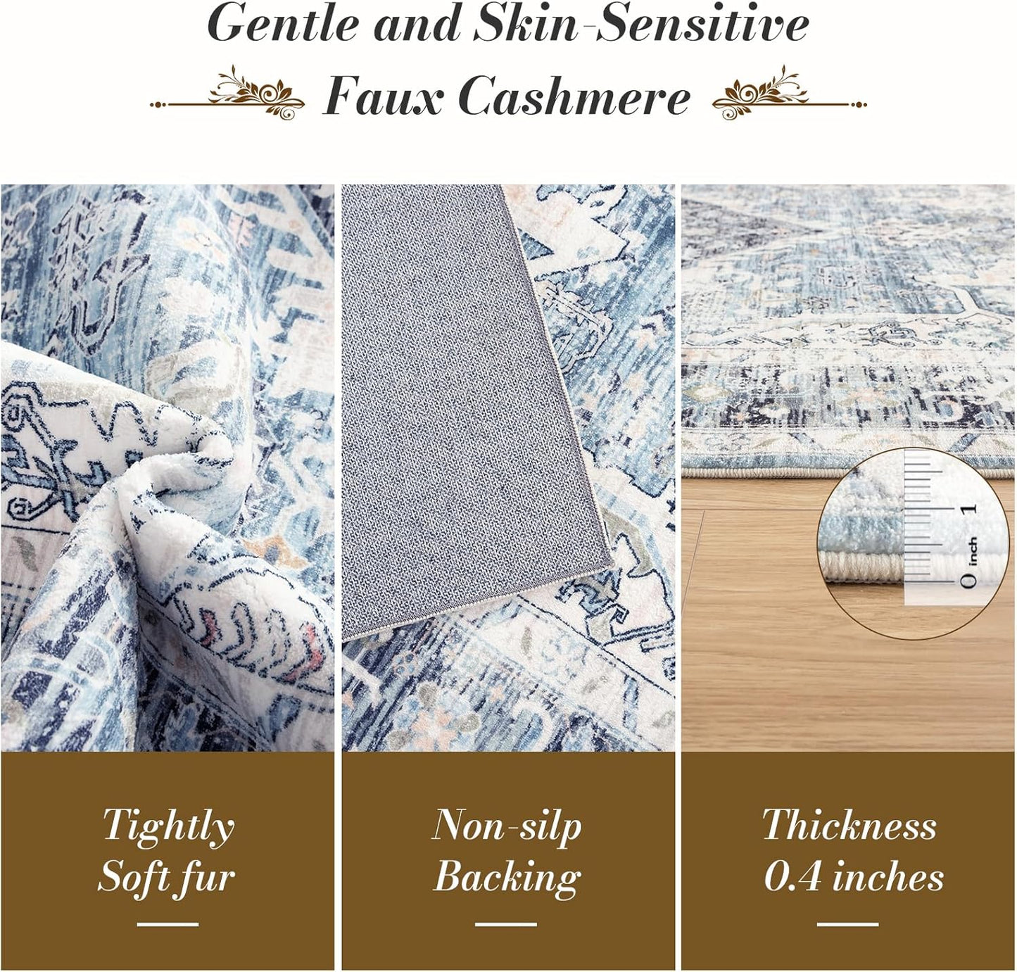 Area Rug 5×7, Vintage Boho Rug,Ultra-Soft Low Pile, Washable, Non Slip,Stain Resistant Printed Carpet for Living Room Bedrooms Playroom Office Kitchen, Light Blue