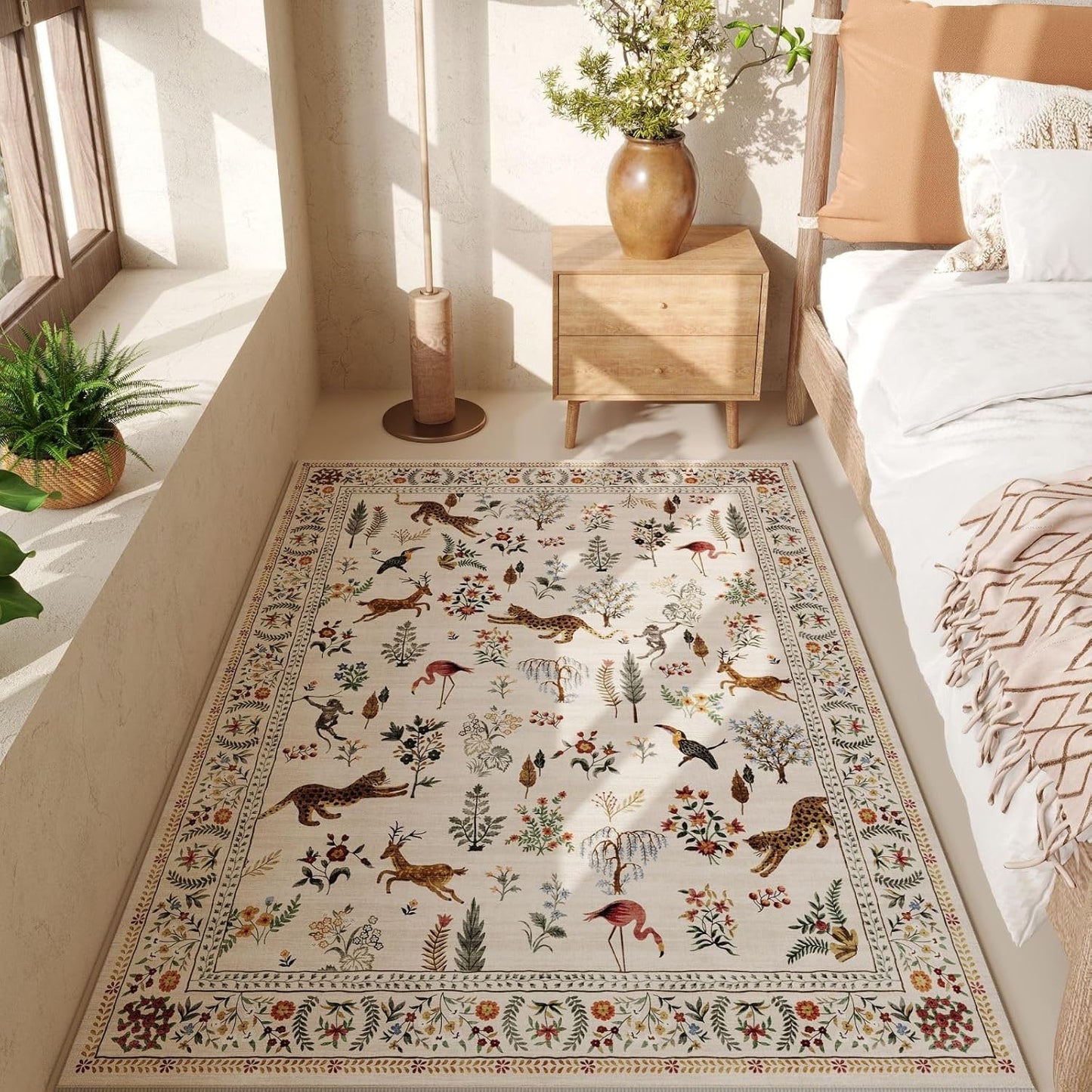 Rugcomf Living Room Rug 5x7 Rug Machine Washable Boho Area Rug Non Slip Floral Animal Cat Vintage Low Pile Large Rugs for Living Room Bedroom Farmhouse Dining Room Kids Playroom, Beige