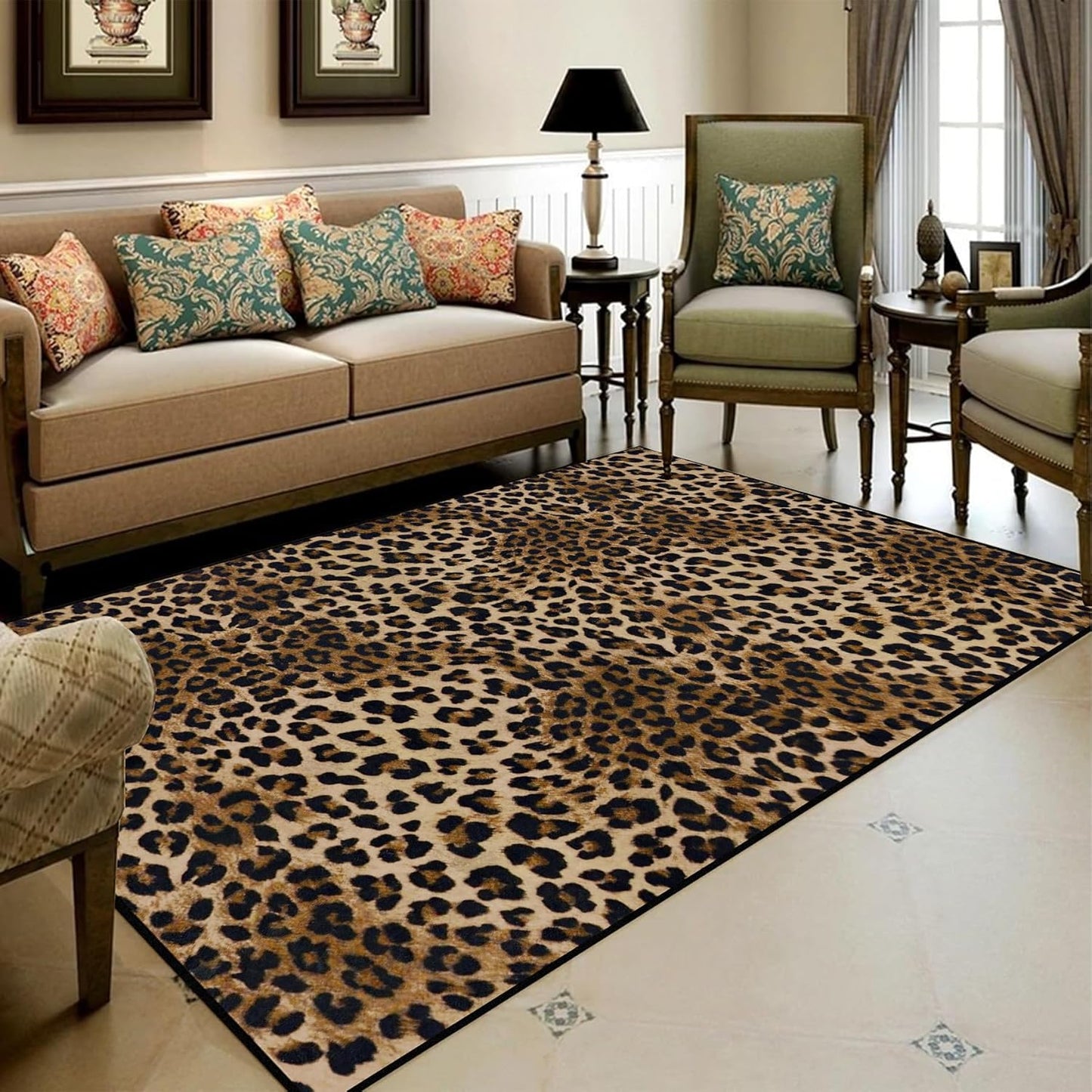 Leopard Rug 8x10 Large Living Room Area Rug Washable Non-Slip Leopard Print Bedroom Rug Modern Themed Indoor Carpet for Dining Room Foyer Apartment Den（8x10ft,Brown）