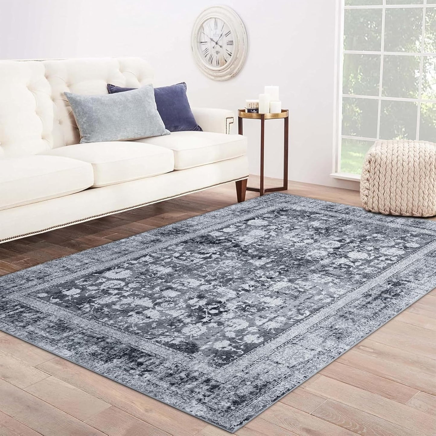 Area Rug 5×7, Vintage Boho Rug,Ultra-Soft Low Pile, Washable, Non Slip,Stain Resistant Printed Carpet for Living Room Bedrooms Playroom Office Kitchen, Light Blue