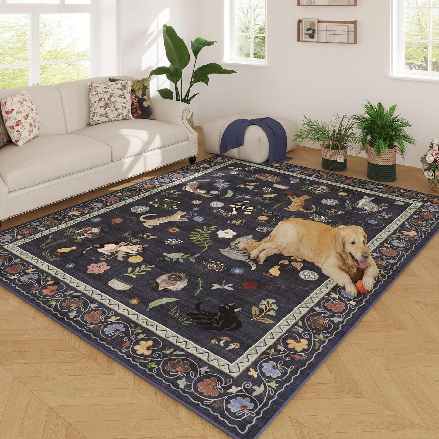 Rugcomf Living Room Rug 5x7 Rug Machine Washable Boho Area Rug Non Slip Floral Animal Cat Vintage Low Pile Large Rugs for Living Room Bedroom Farmhouse Dining Room Kids Playroom, Beige