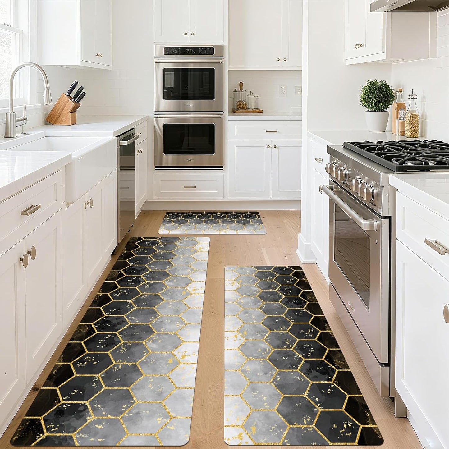 Kitchen Rugs Sets 3 Piece, Non Slip Cushioned Kitchen Mats for Floor Comfort Standing Runner Rugs, Chef Floor Carpet for Sink, Laundry Room, Hallway, Entryway, Bathroom, Brown Honeycomb Marble